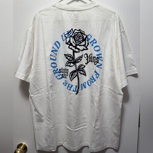 Vans White Short Sleeve Tee with Black Rose and Blue Circular Text